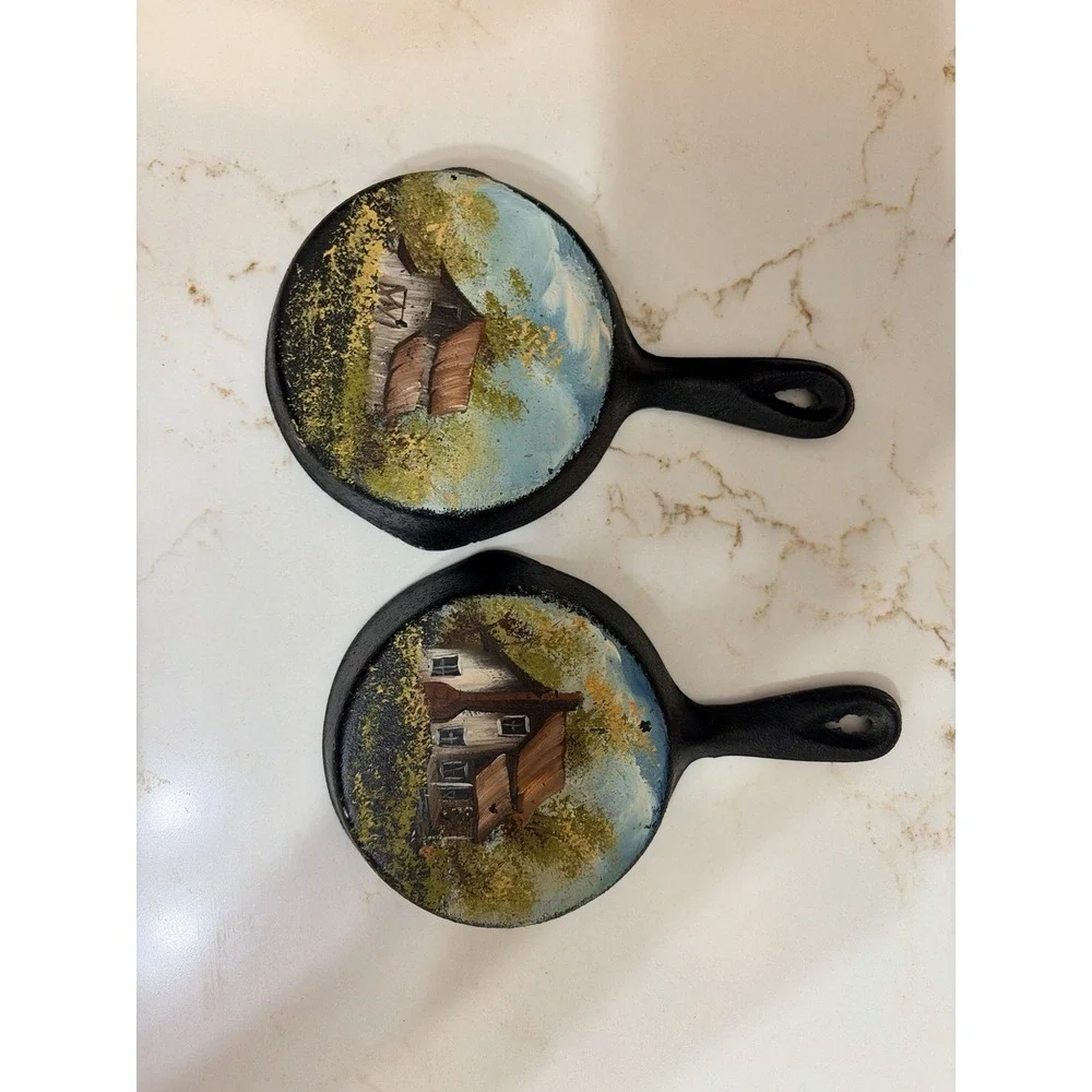 Vintage Lot of 2 Hand Painted Skillets, Southern Folk Art, Signed